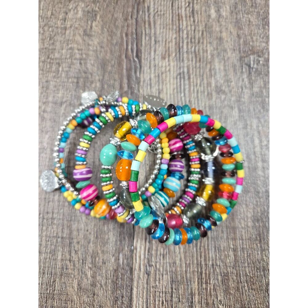 Bijoux Bright Colored Beaded Chunky Pink Blue Yellow Teal Wrap Bracelet Charms
